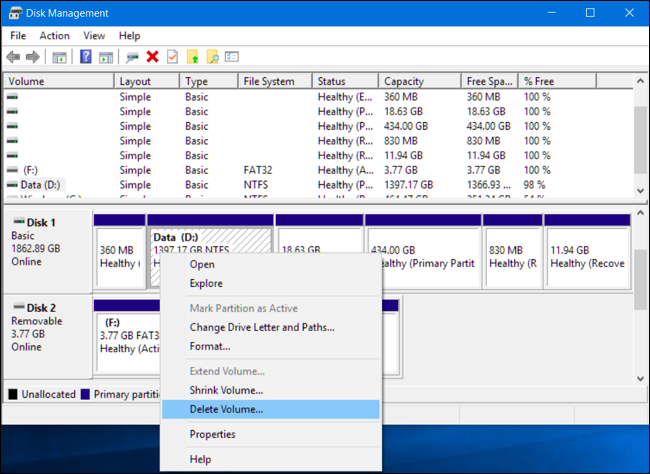 Процесс удаления разделов в Управлении дисками
