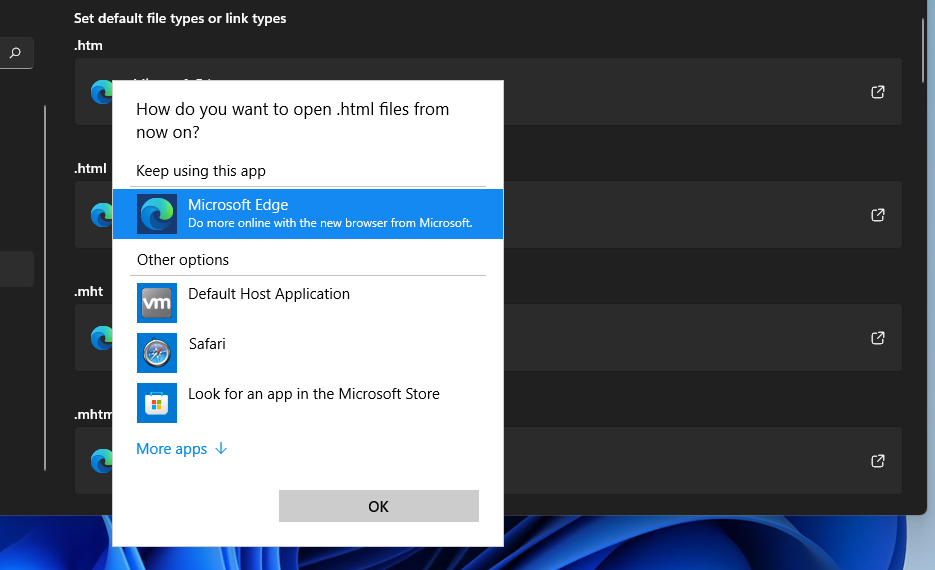 Выбор альтернативного приложения в списке