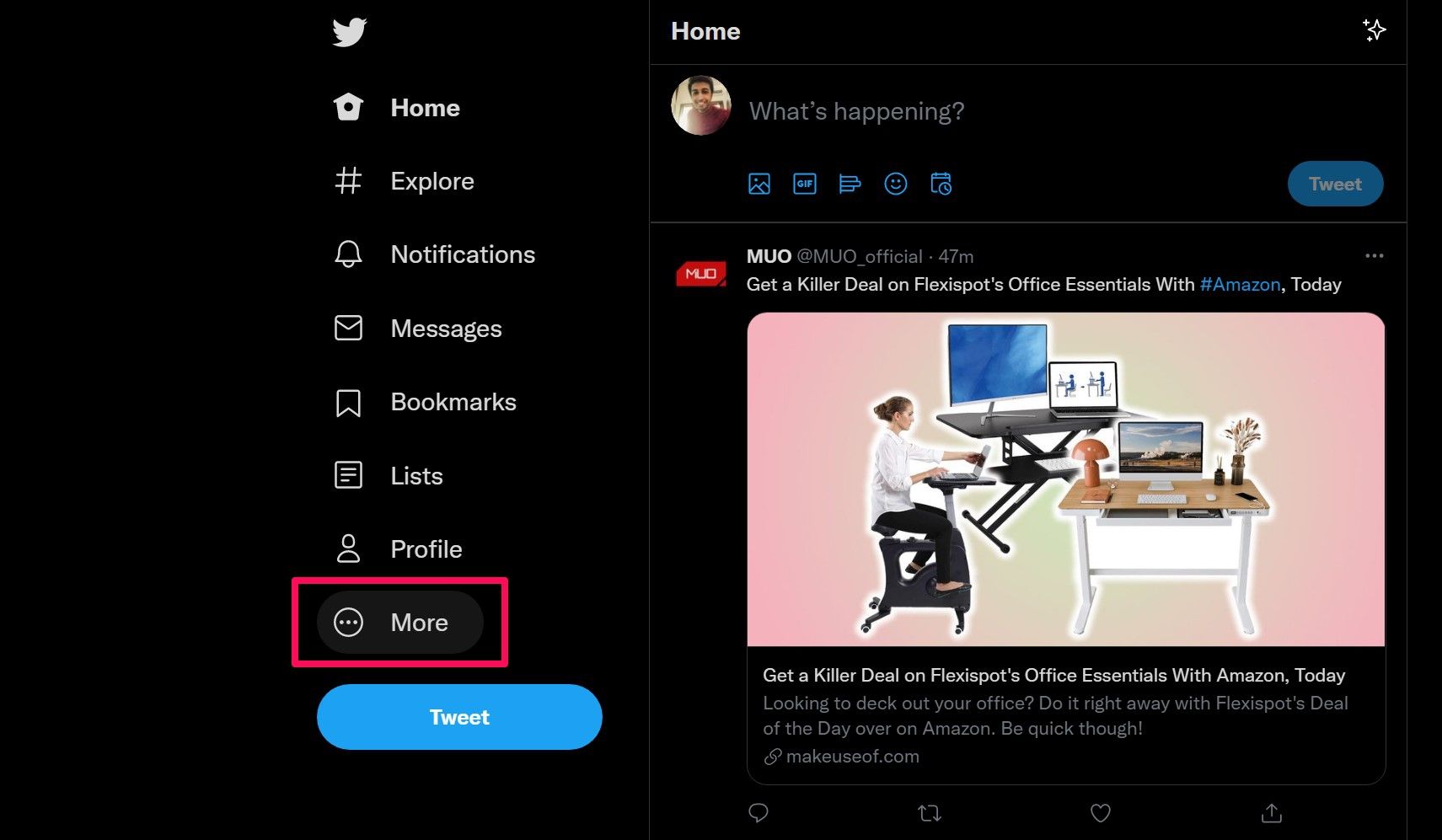 Меню «Ещё» в боковой панели Twitter