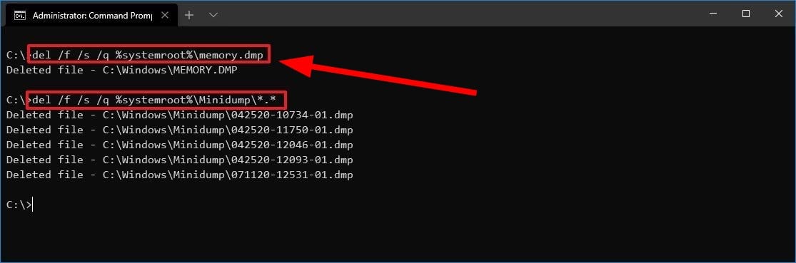 Удаление MEMORY.DMP через командную строку