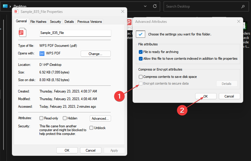Опция Шифровать содержимое для защиты данных в свойствах файла