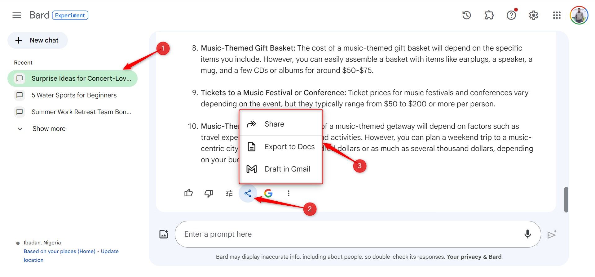 Интерфейс чат-бота Bard с выделенными опциями для шаринга