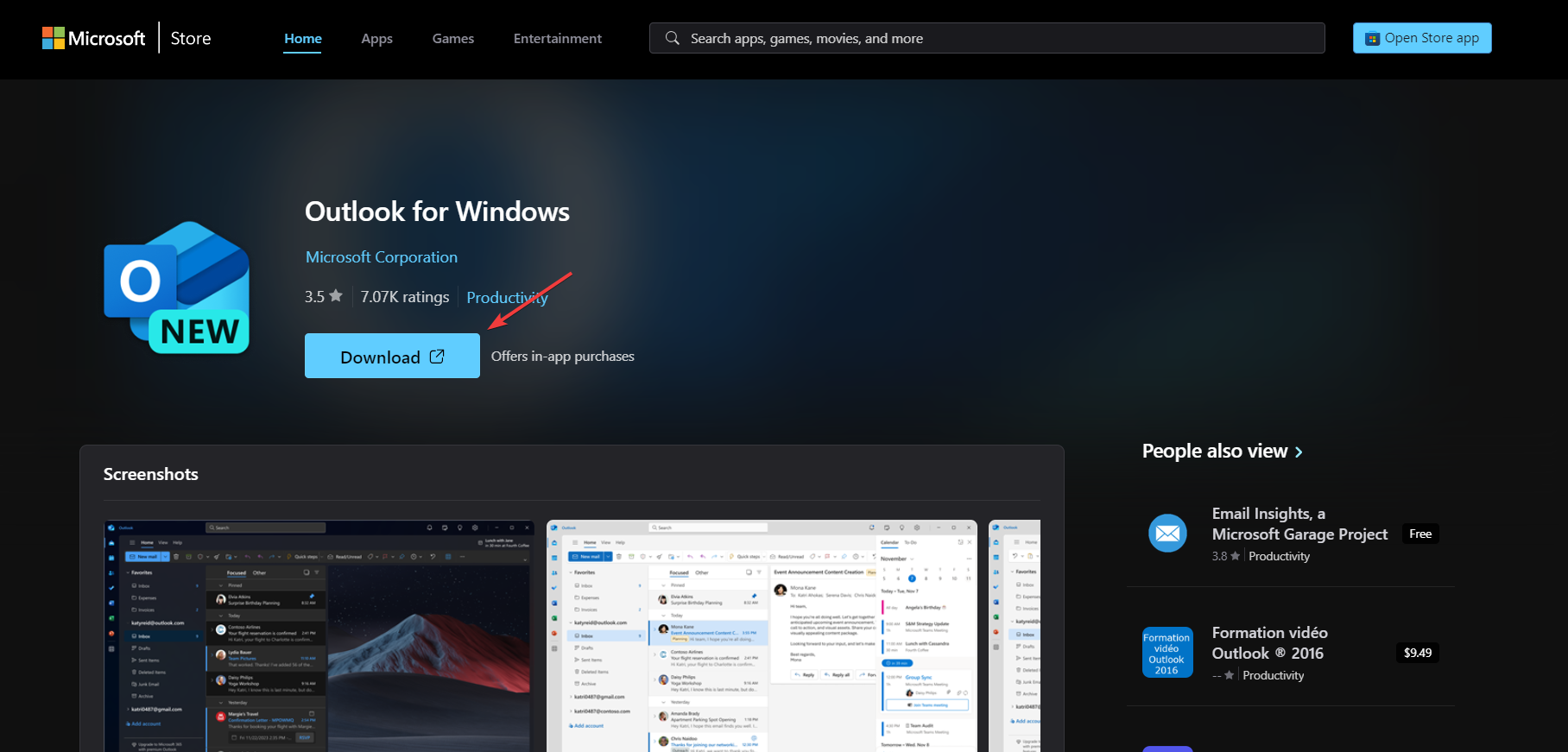 Страница Outlook в Магазине Microsoft — кнопка «Установить»
