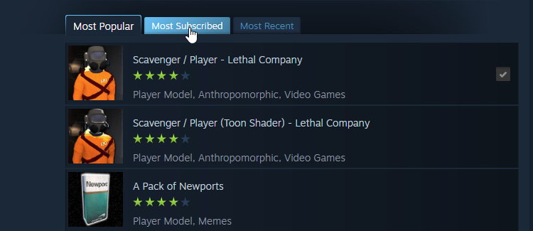 Выбор «most subscribed» в Steam Workshop