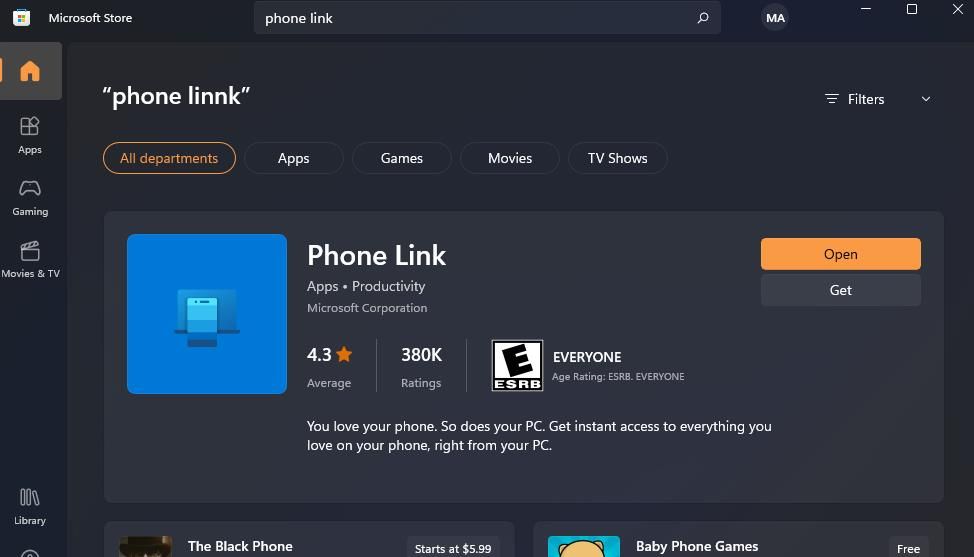 Страница Phone Link в Microsoft Store