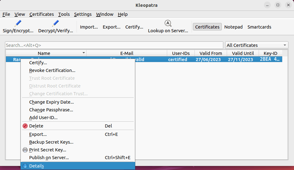 Окно Детали для ключа в GNU Kleopatra