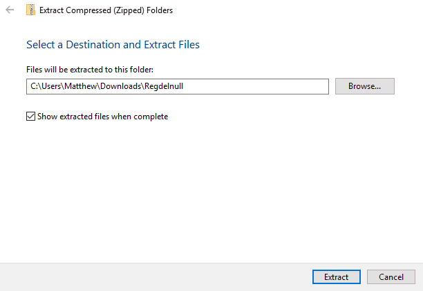 Окно извлечения ZIP в Проводнике