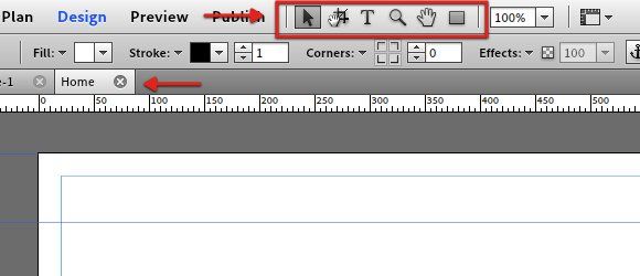 Интерфейс для редактирования страниц в Adobe Muse