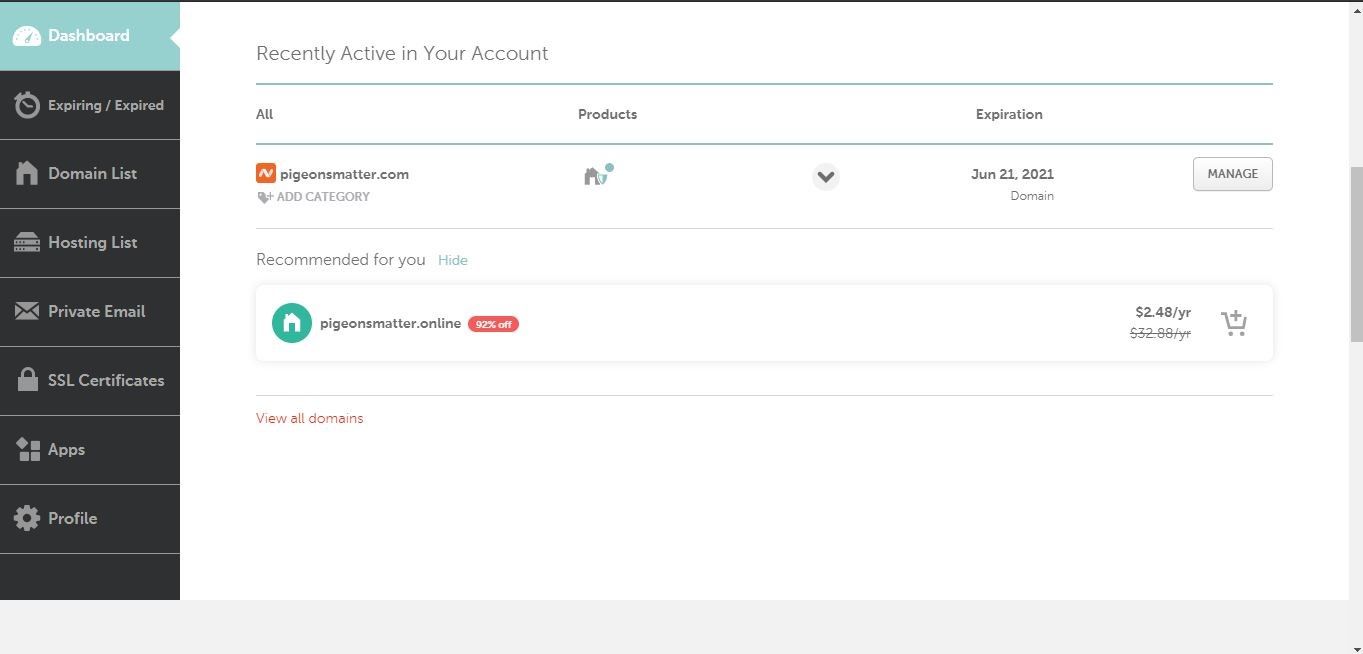Панель управления Namecheap при смене nameserver