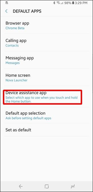 Экран: выбор приложения устройства помощника на Samsung