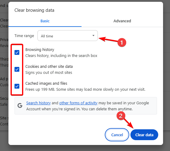 Окно Очистить данные в Chrome