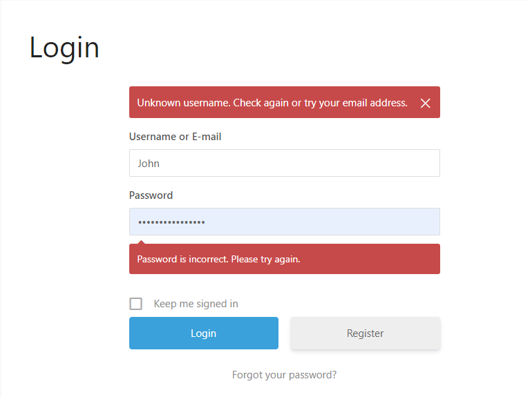 Страница входа с сообщением об ошибке при неавторизованной попытке