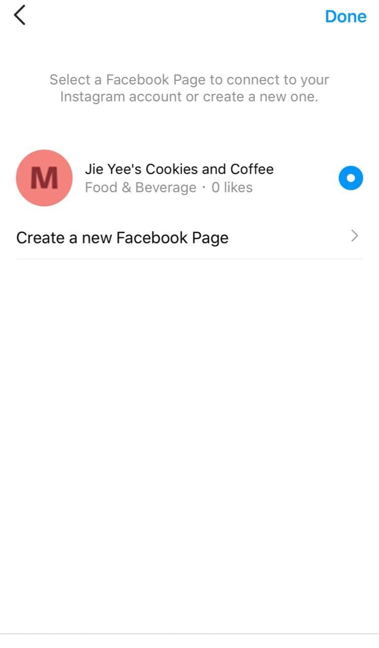 Скриншот списка доступных Facebook‑страниц в настройках Instagram