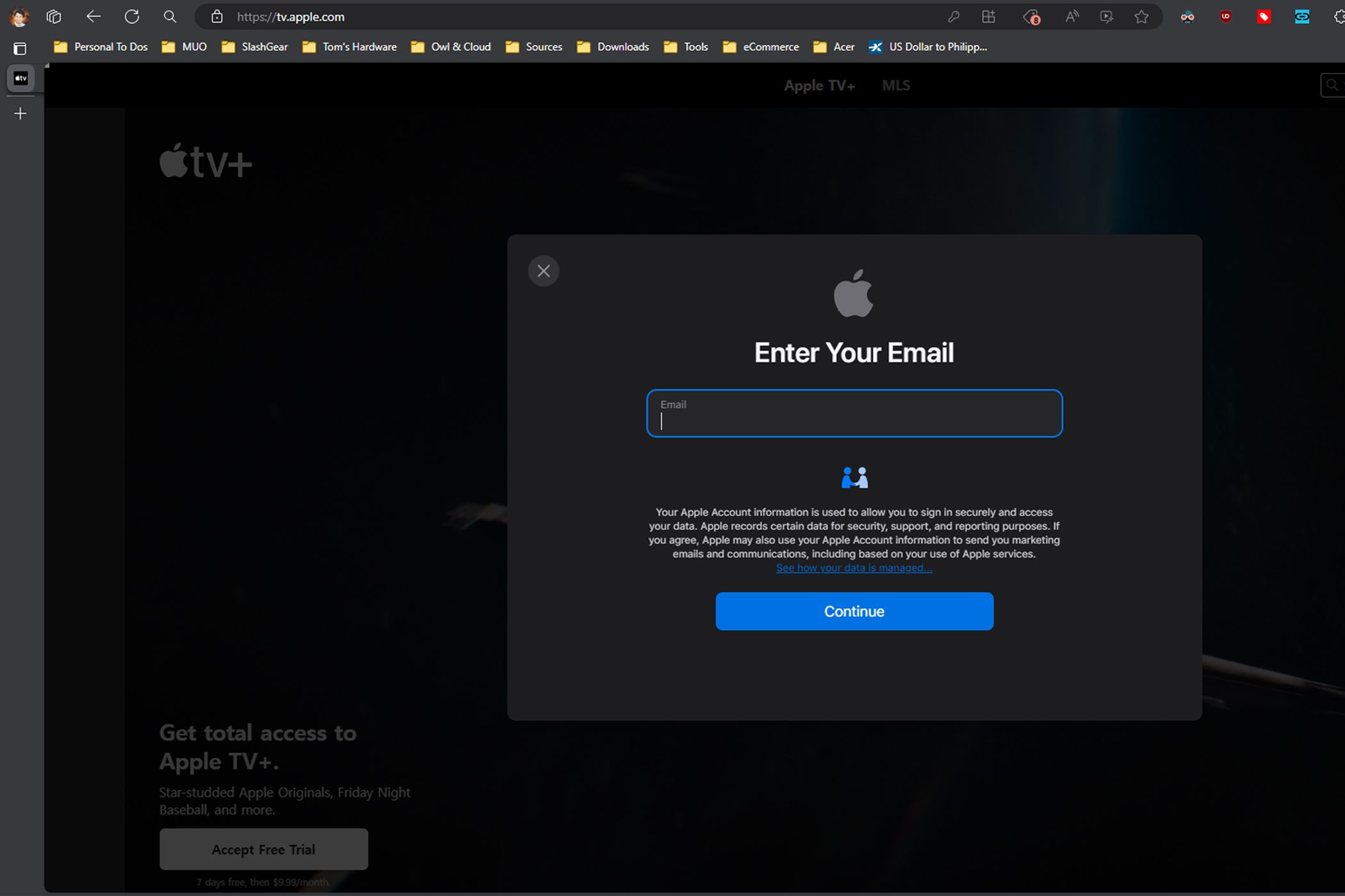Просмотр Apple TV в Microsoft Edge на Windows 11.