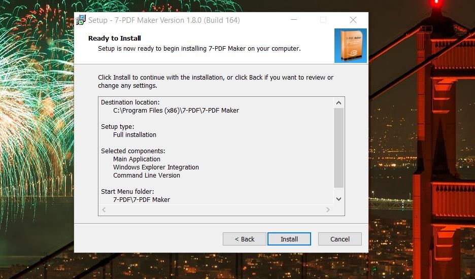 Кнопка «Install» в окне установки 7‑PDF Maker