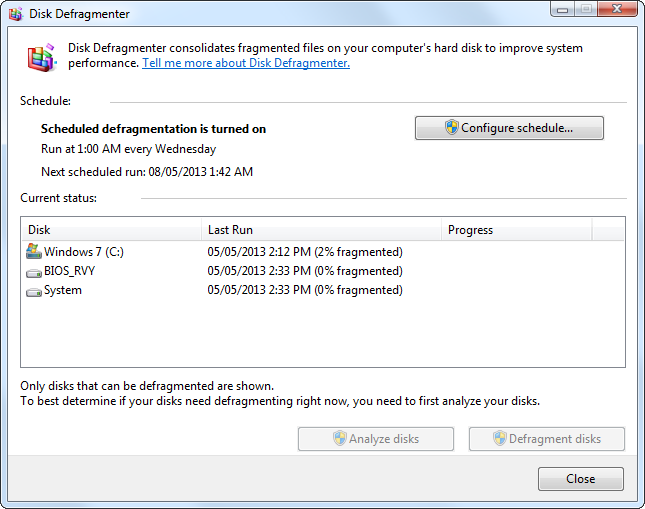 Окно Дефрагментации диска в Windows