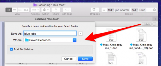 Сохранённый поиск добавлен в боковую панель Finder