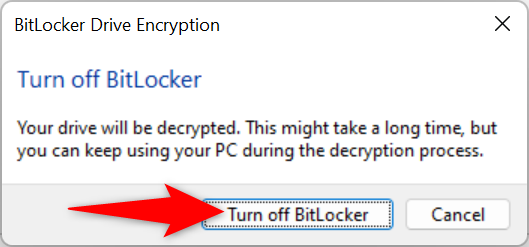 Подтверждение отключения BitLocker в диалоге Windows.