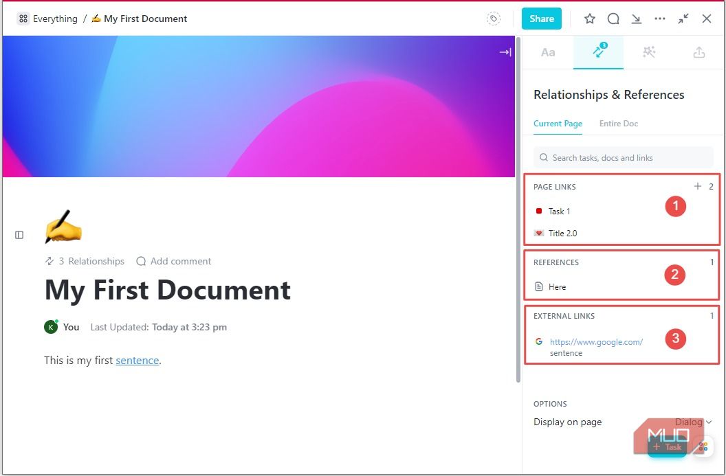 Связи и ссылки в ClickUp Docs