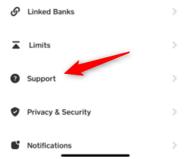 Опция Support в приложении.