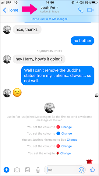 Окно чата в приложении Messenger на iOS с именем участника сверху