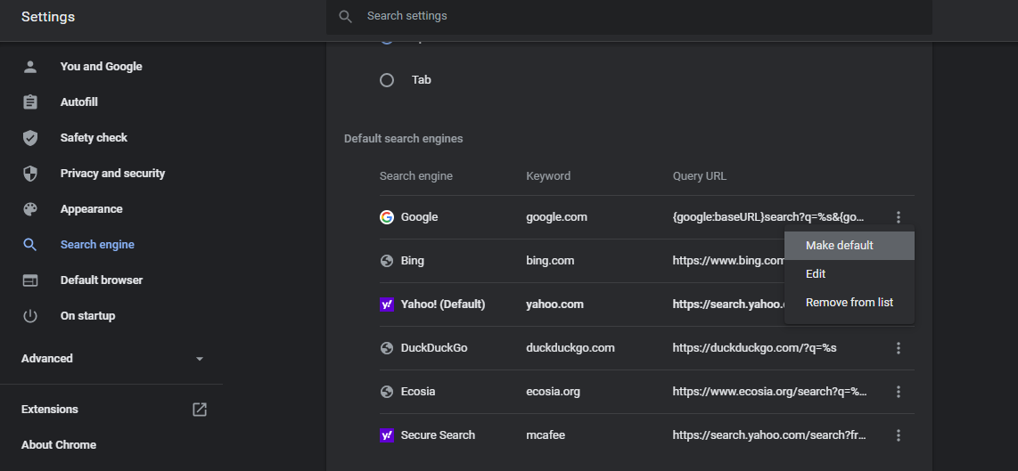 Установка Google как поисковой системы по умолчанию в Chrome.