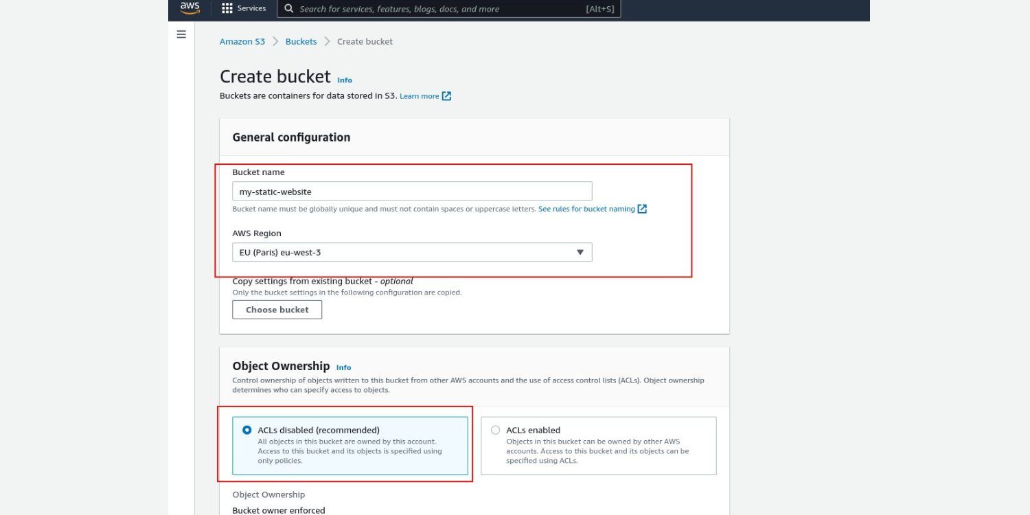 Часть экрана настройки бакета, показывающая поля имени, региона и параметров владения объектами