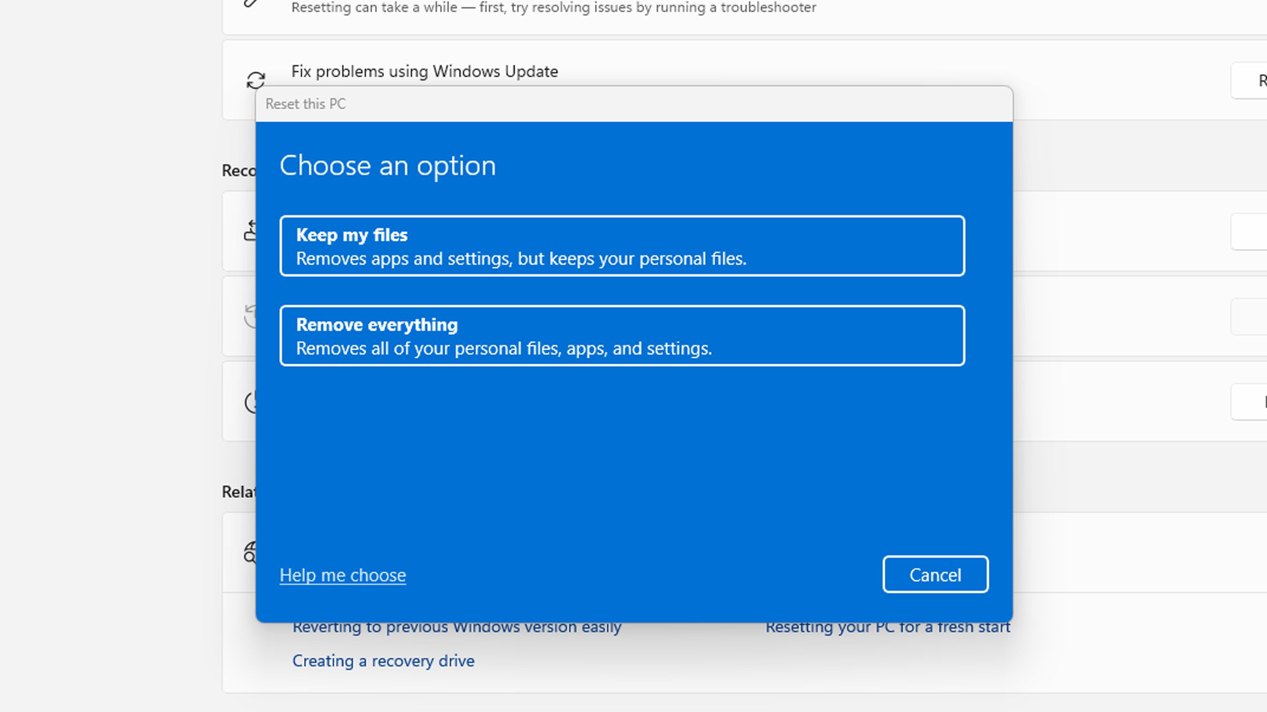 Окно сброса ПК в Windows 11 — опция «Удалить всё» для полной очистки