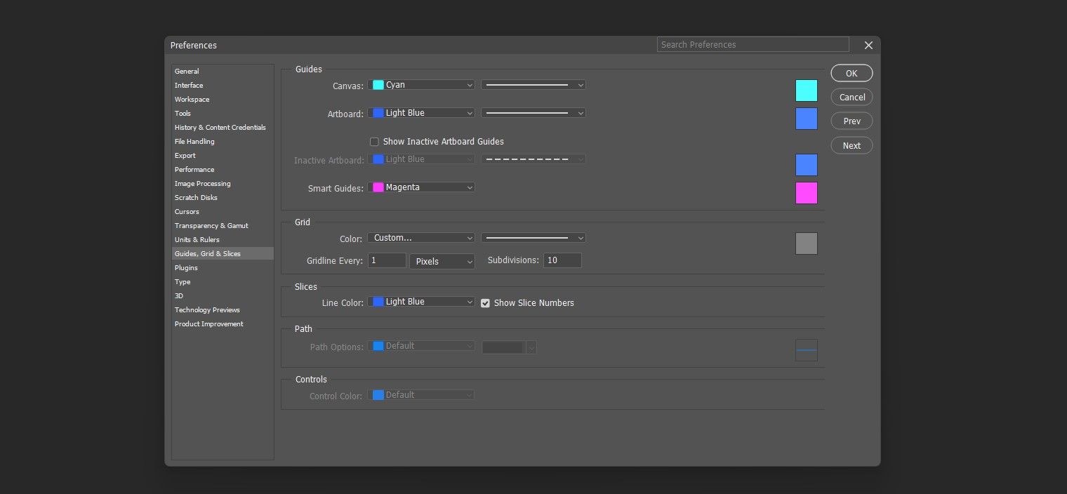 Настройки сетки в Photoshop