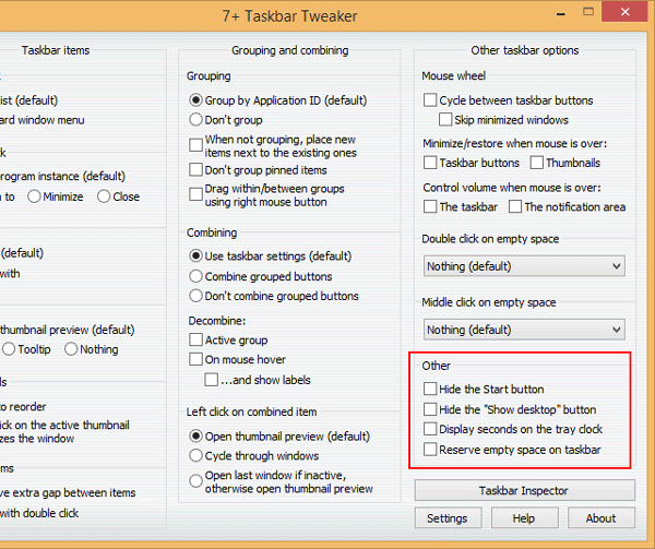 Интерфейс 7+ Taskbar Tweaker: настройки 'Hide the Start button'