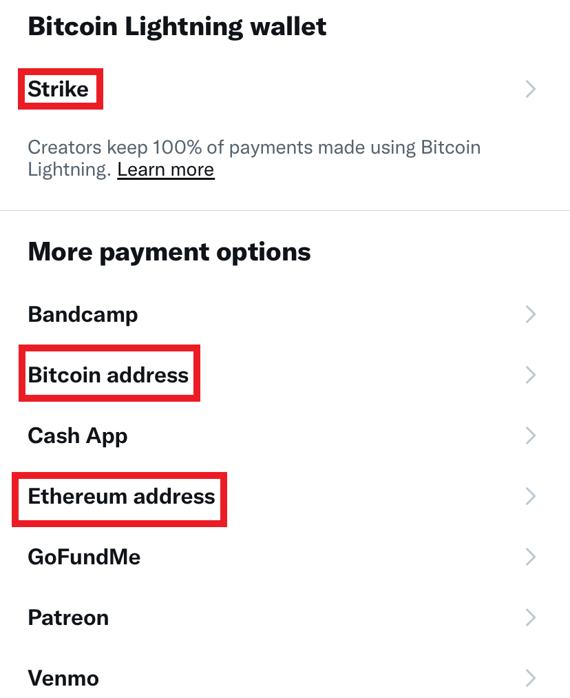 Разные варианты оплаты выделены на экране (Strike, Bitcoin, Ethereum).