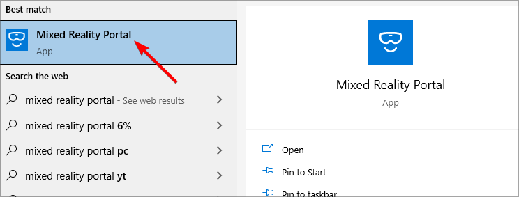 Поиск Mixed Reality Portal в меню Пуск
