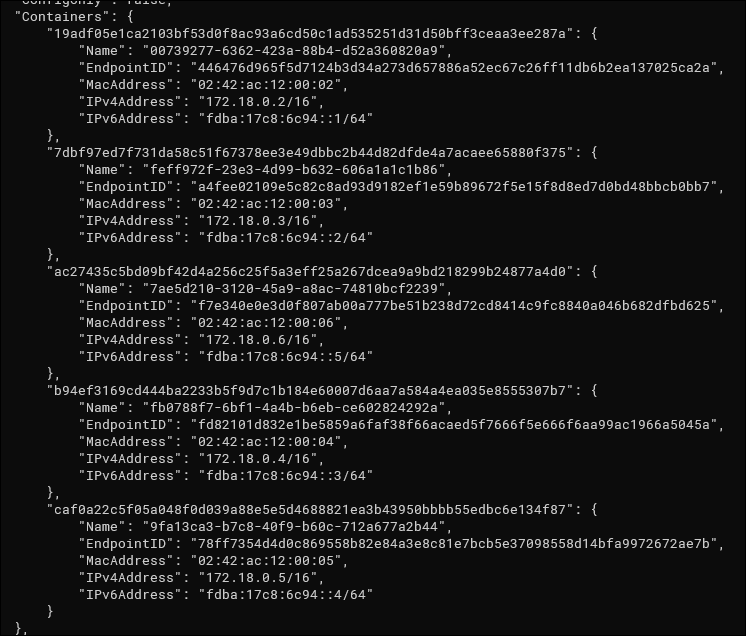 Вывод команды docker network inspect с JSON-списком контейнеров и их IP