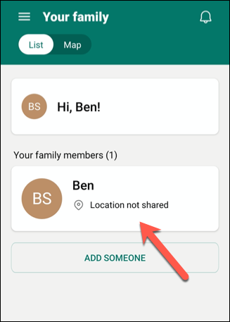 Нажмите имя участника в меню Ваша семья