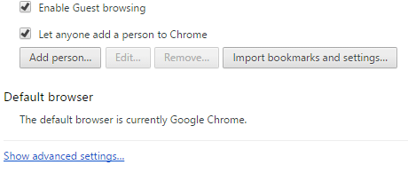 Меню настроек Chrome: Показать дополнительные настройки