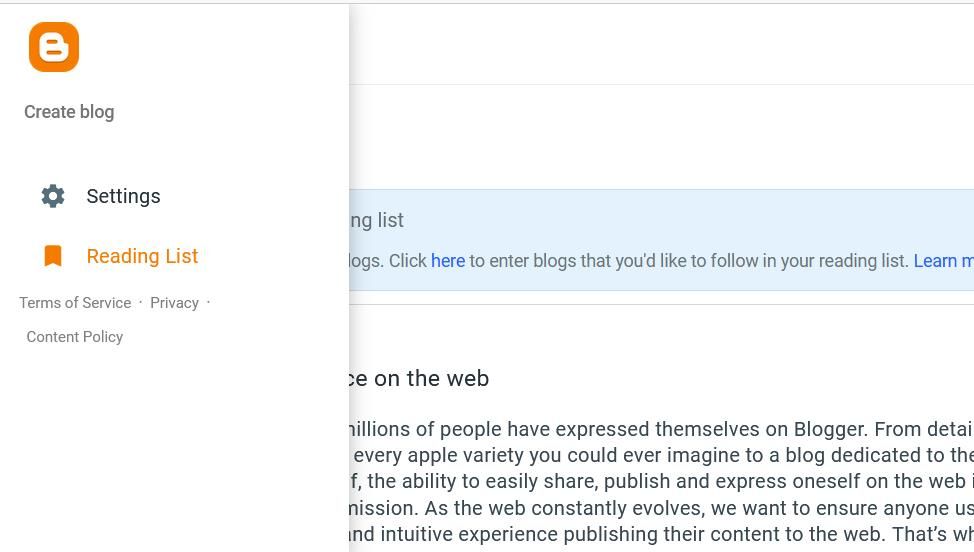 Опция Создать блог в интерфейсе Blogger