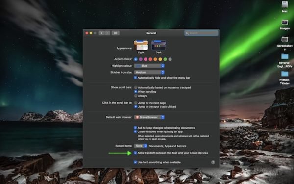 Флажок для разрешения Handoff на Mac