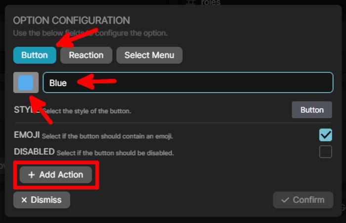 Настройка эмодзи и имени для кнопки Reaction Role в Hydra