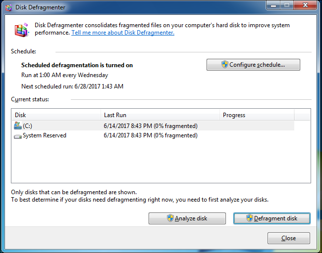 Окно дефрагментации Windows