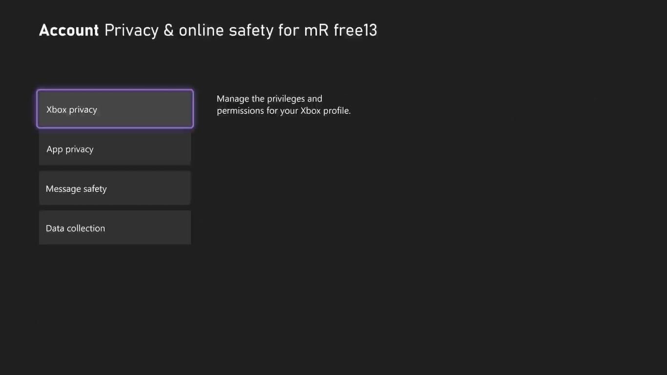 Пункт Параметры конфиденциальности Xbox в меню