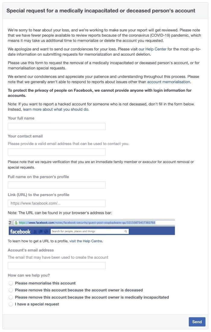Интерфейс Facebook, уведомление о наследственном контакте и опции архива данных