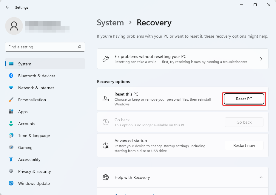 Раздел восстановления и кнопка сброса ПК в настройках Windows
