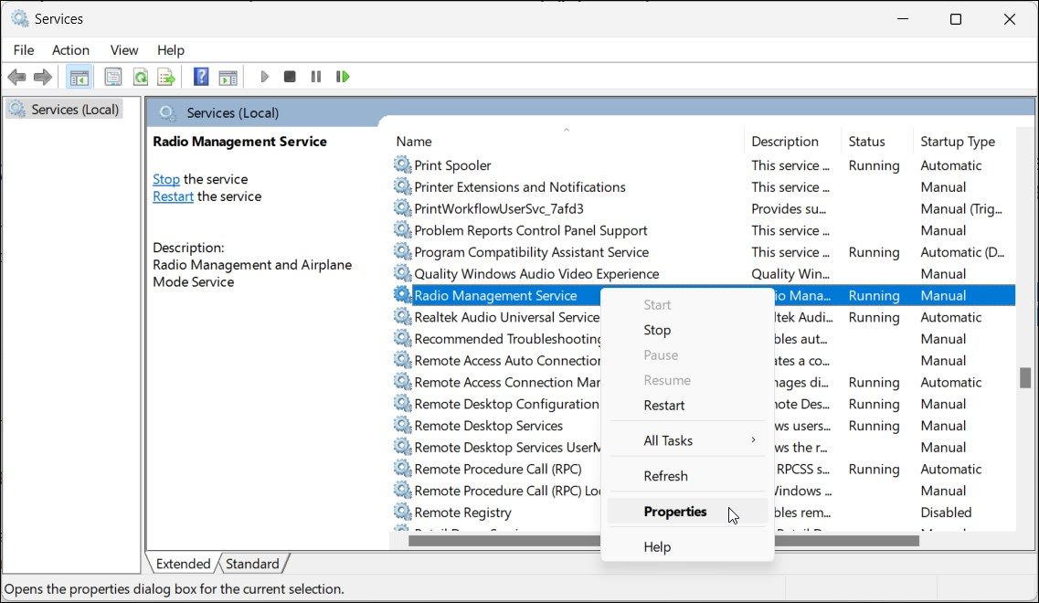 Свойства службы Radio Management в Windows 11