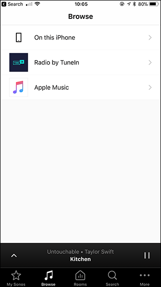 Обзор источников в Sonos с выбором Apple Music