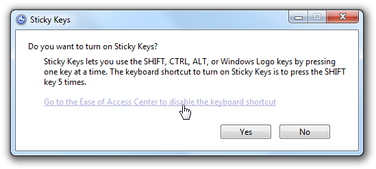 Окно включения специальных возможностей клавиатуры с настройками Sticky и Filter Keys