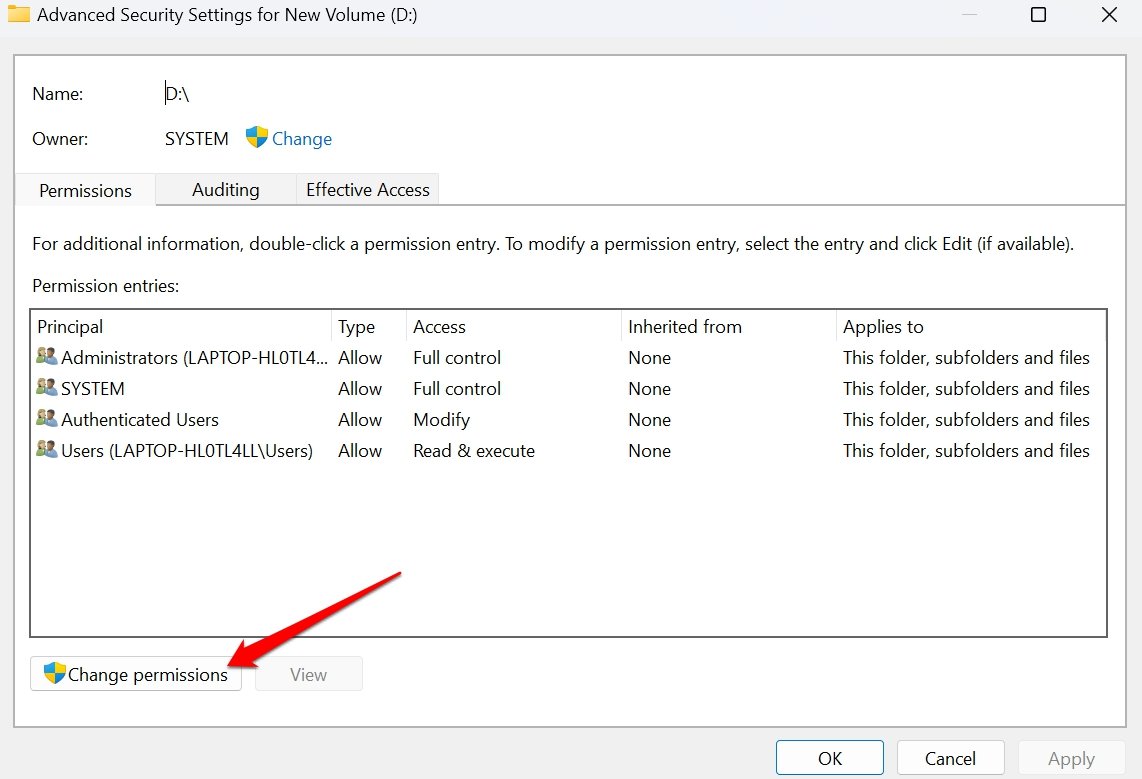 Окно изменения разрешений для внешнего диска