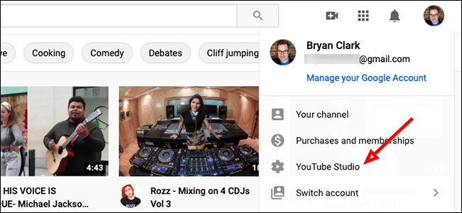 Интерфейс YouTube Studio, меню слева