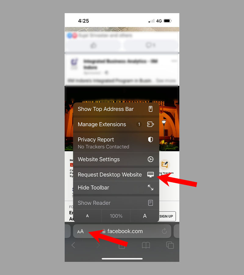 опция Request desktop site в Safari на iPhone