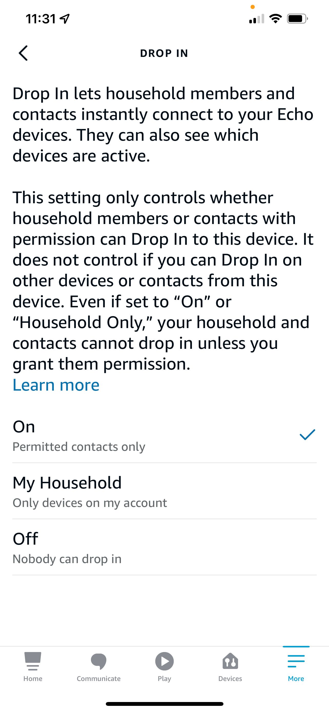 Enable Drop in and choose who can drop in on Alexa App for Echo show