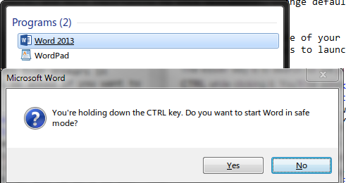 Запуск Word в безопасном режиме через Windows Search